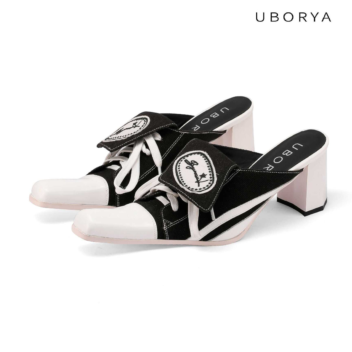 UBORYA Black White Canvas Leather Mule Heels Lace Up Square Toe Block Heel