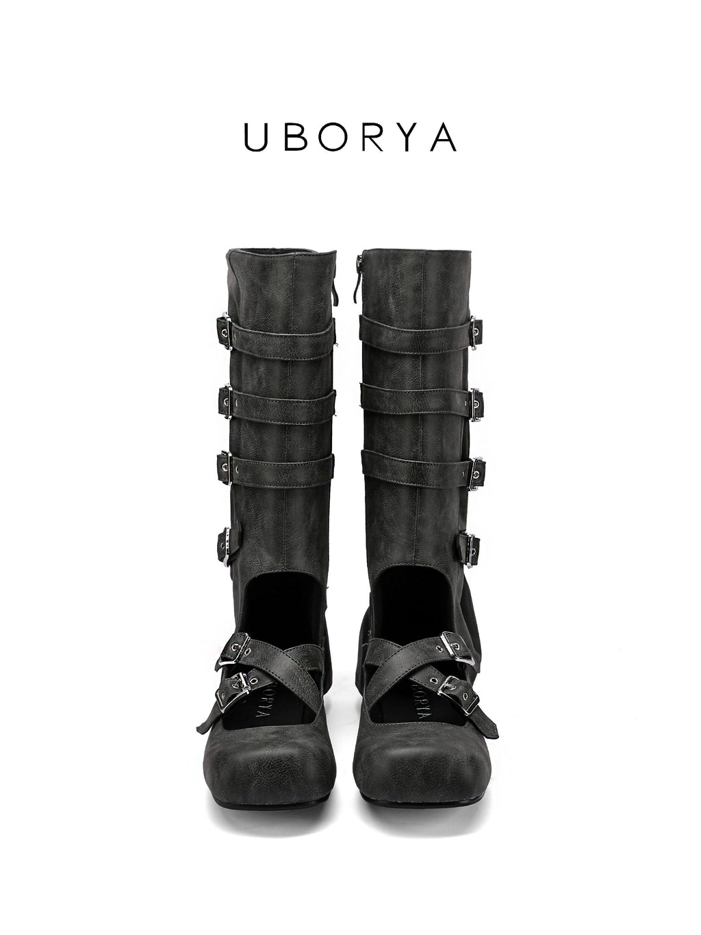 UBORYA Black Suede Gothic Mary Jane Mid‑Calf Boots 5‑Buckle Harness