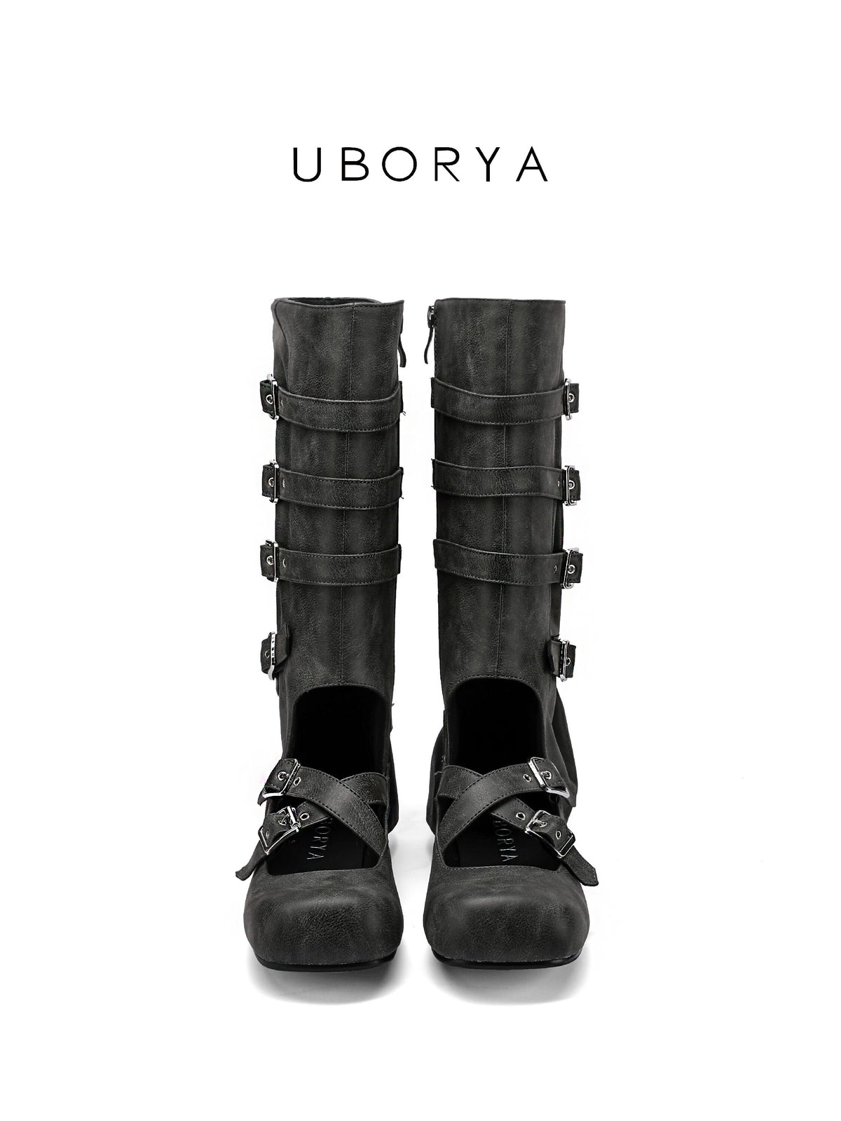 UBORYA Black Suede Gothic Mary Jane Mid‑Calf Boots 5‑Buckle Harness