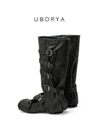UBORYA Black Suede Gothic Mary Jane Mid‑Calf Boots 5‑Buckle Harness