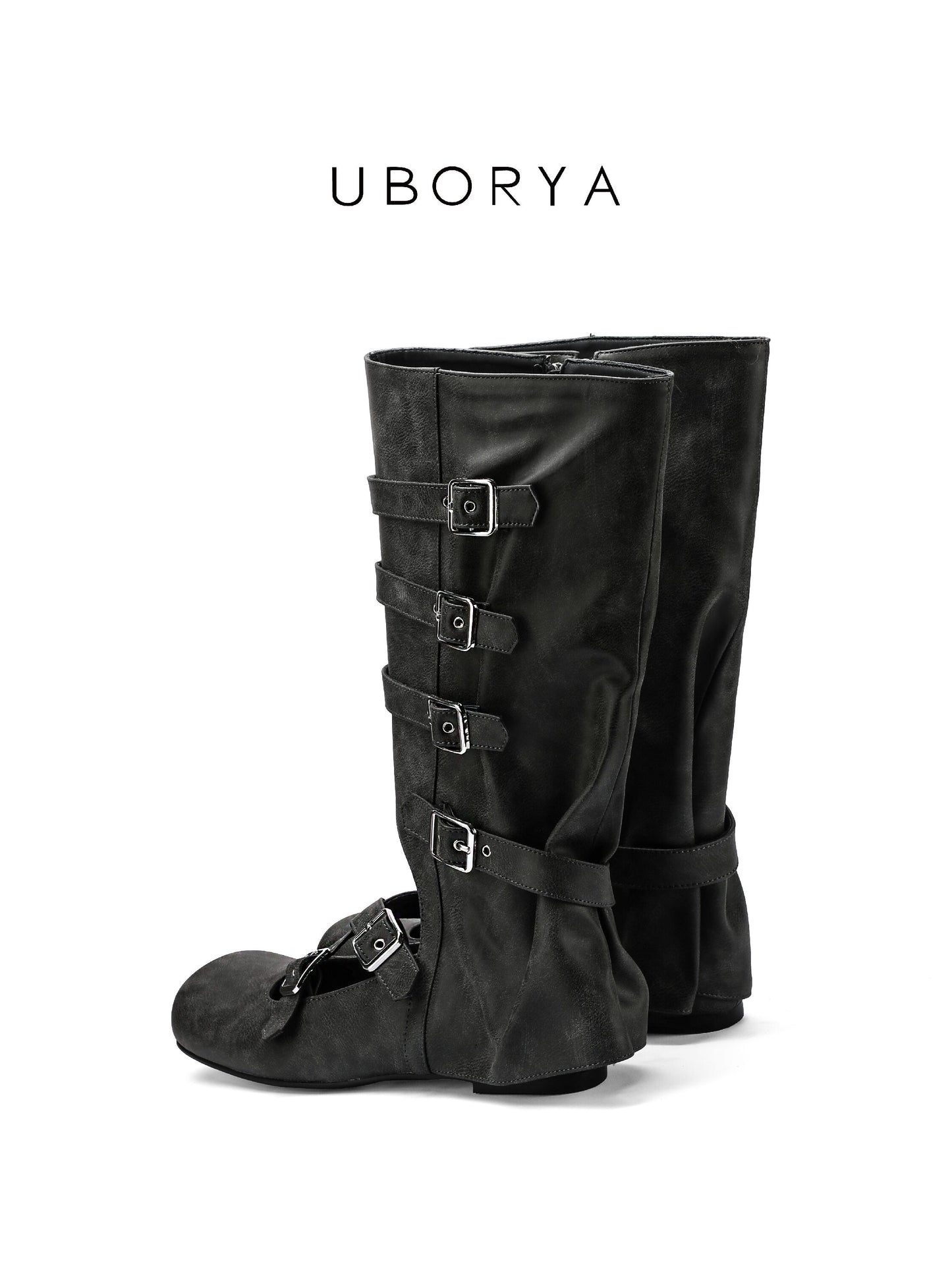UBORYA Black Suede Mid-Calf Boots – Gothic Mary Jane Ballet Flats for Women | 2cm / 0.8in Flat Sole | 5-Buckle Harness Design | Soft Suede & Silver Hardware