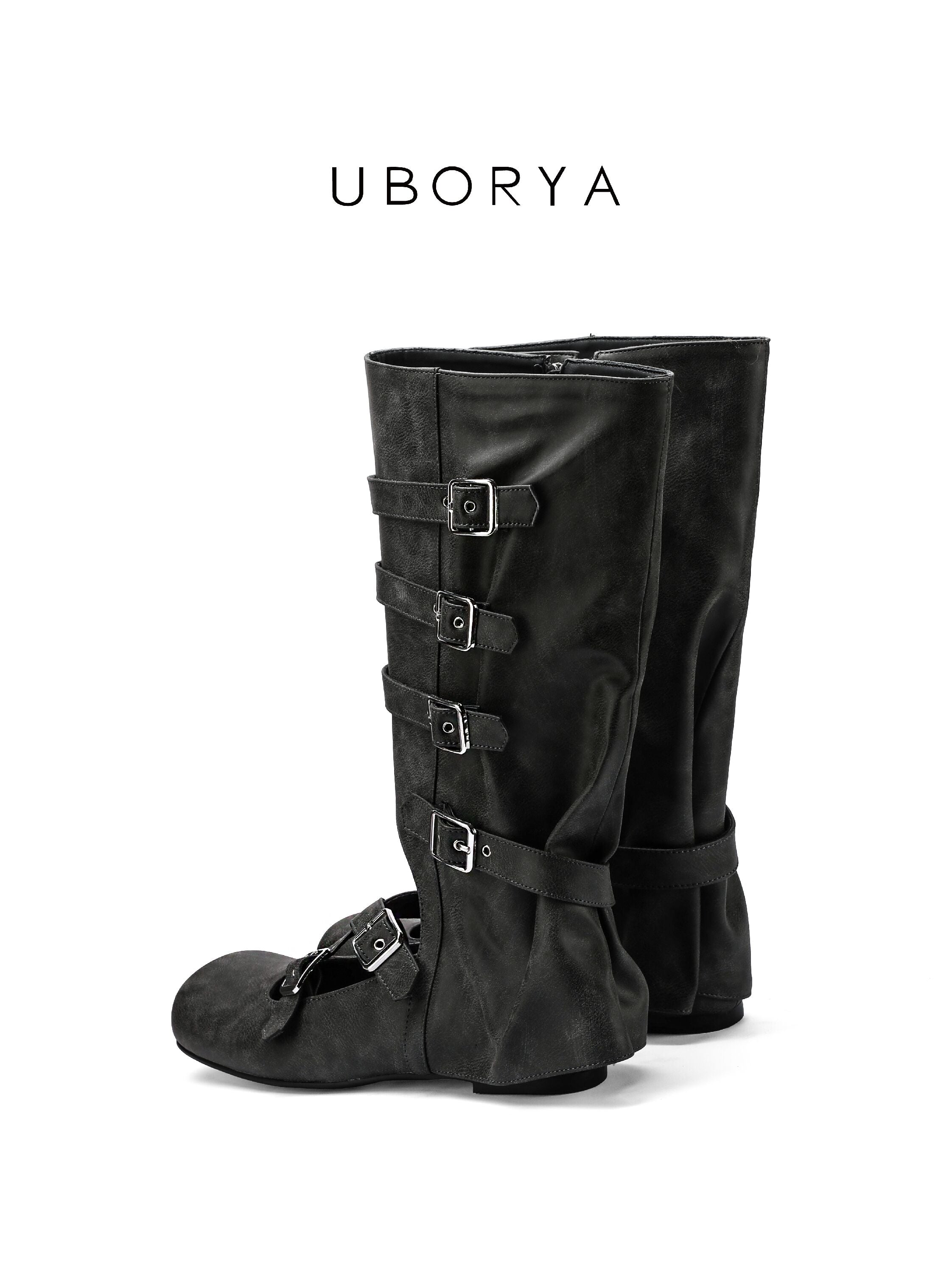 UBORYA Black Suede Gothic Mary Jane Mid‑Calf Boots 5‑Buckle Harness