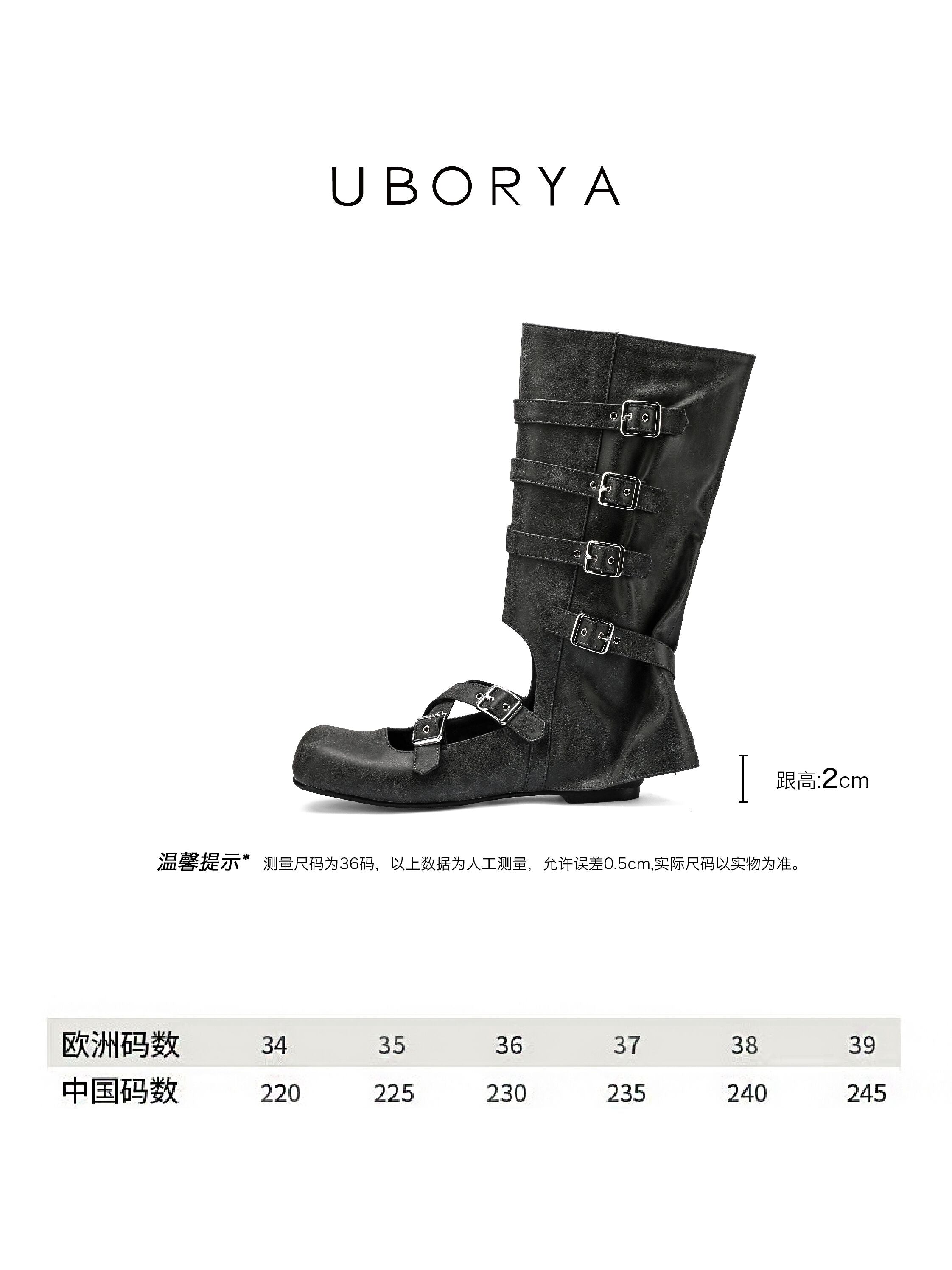 UBORYA Black Suede Gothic Mary Jane Mid‑Calf Boots 5‑Buckle Harness