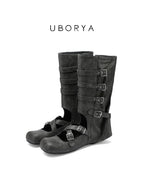UBORYA Black Suede Gothic Mary Jane Mid‑Calf Boots 5‑Buckle Harness