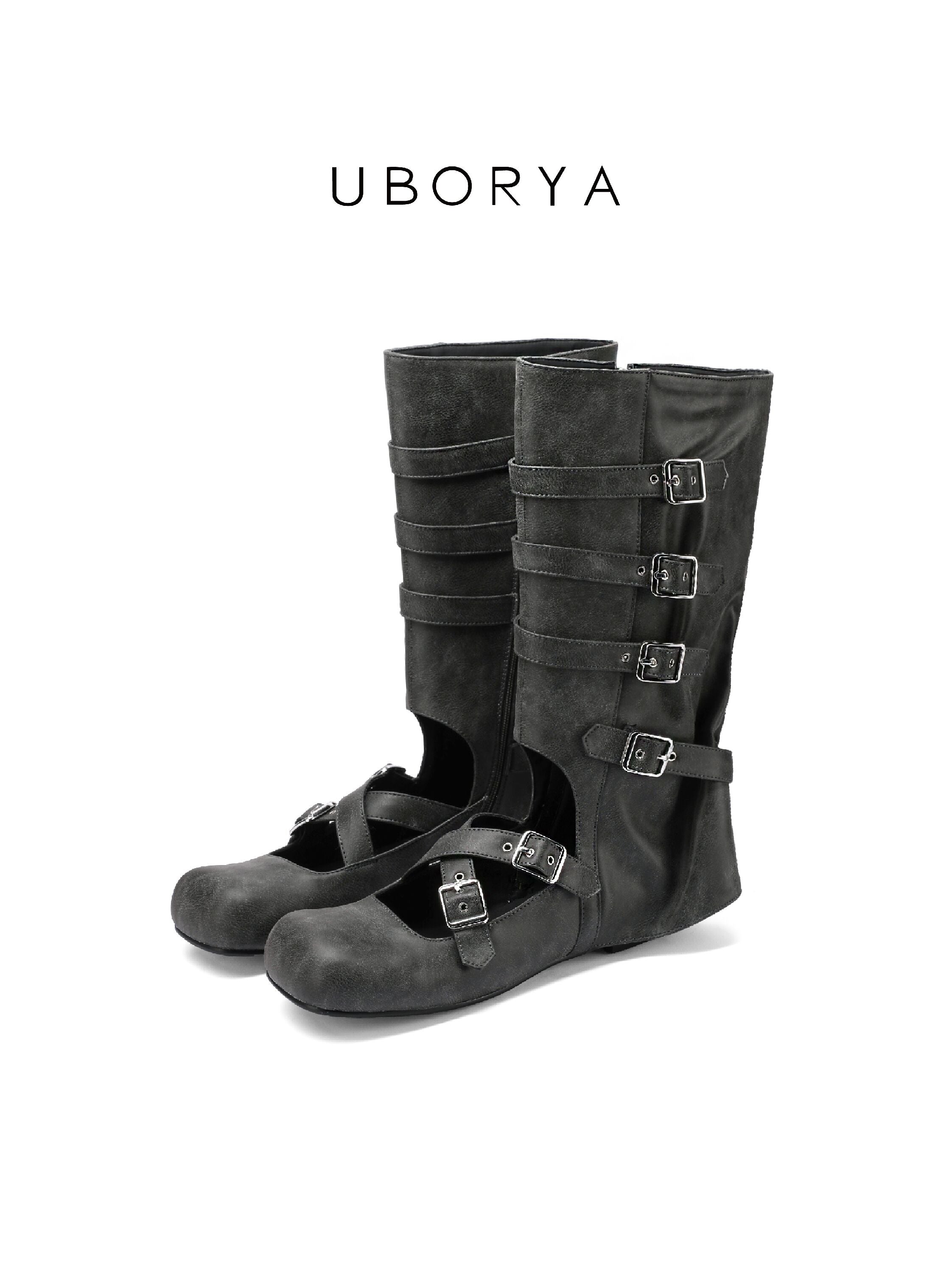 UBORYA Black Suede Gothic Mary Jane Mid‑Calf Boots 5‑Buckle Harness
