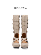 UBORYA Taupe Suede Minimalist Mary Jane Mid‑Calf Boots 5‑Buckle Harness
