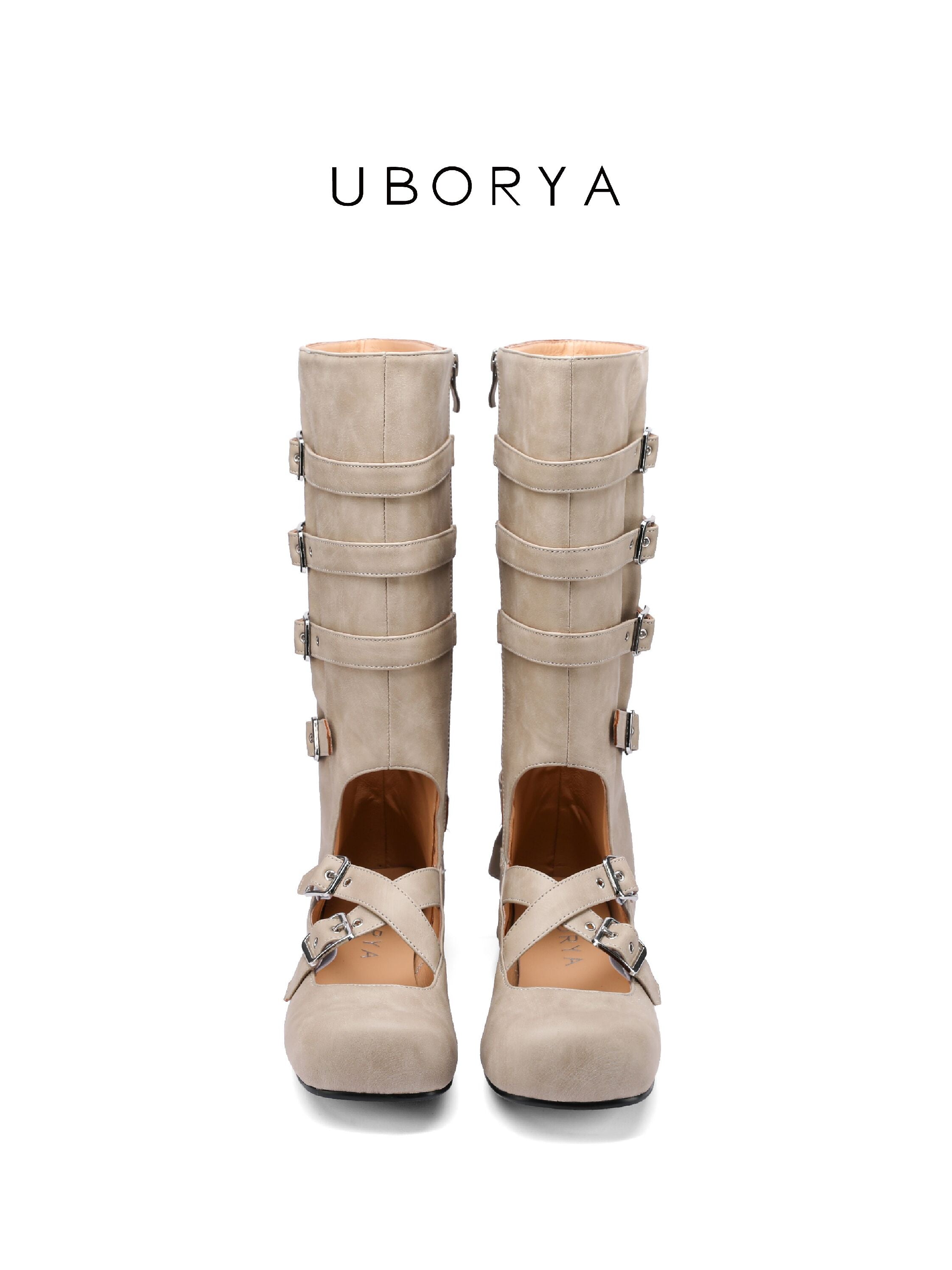 UBORYA Taupe Suede Minimalist Mary Jane Mid‑Calf Boots 5‑Buckle Harness
