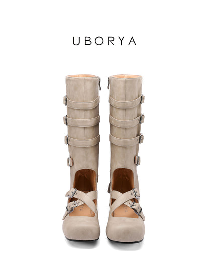 UBORYA Taupe Suede Mid-Calf Boots – Minimalist Mary Jane Boots for Women | 2cm / 0.8in Flat Sole | 5-Buckle Harness Design | Soft Suede & Silver Hardware