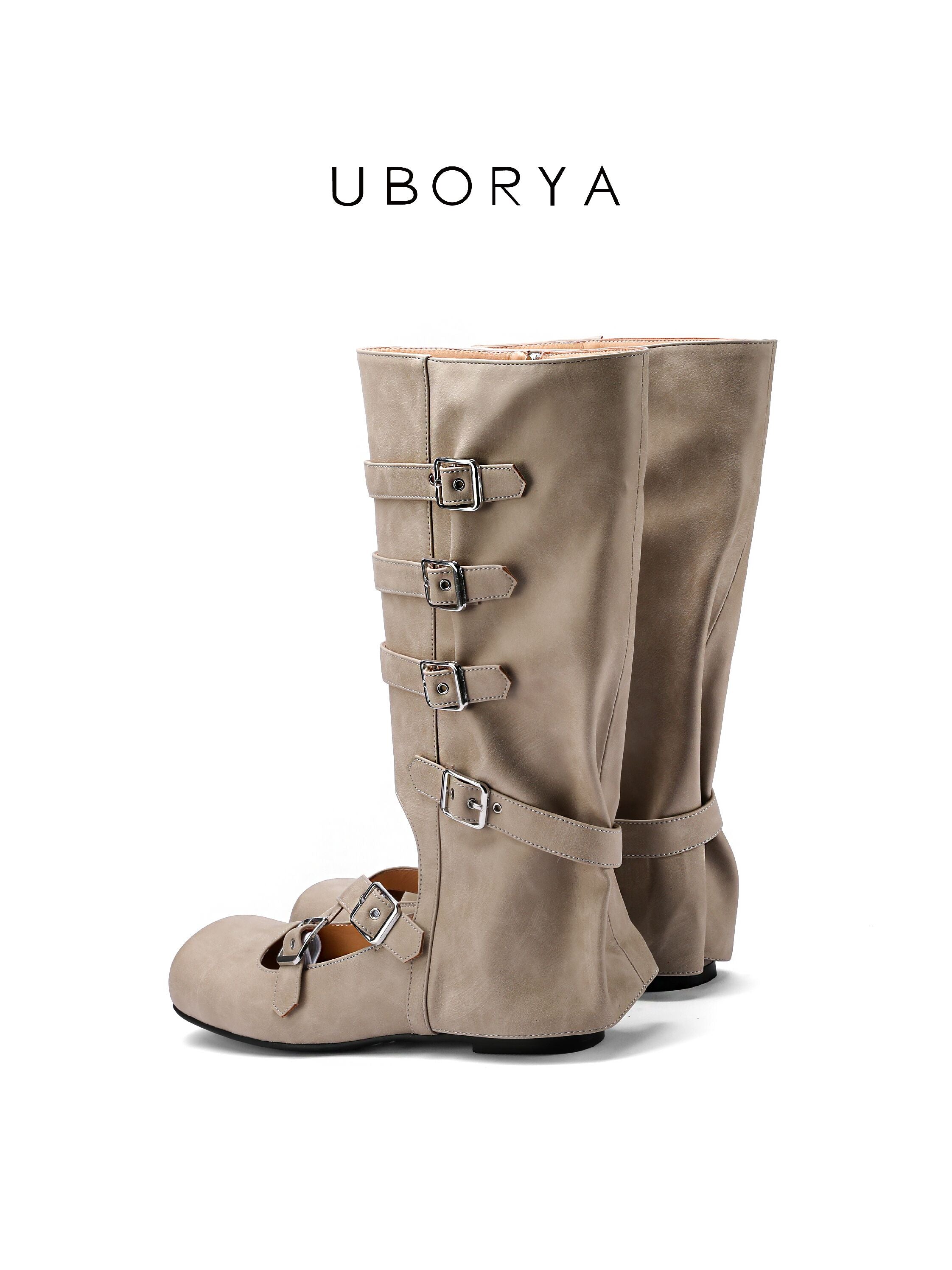 UBORYA Taupe Suede Minimalist Mary Jane Mid‑Calf Boots 5‑Buckle Harness