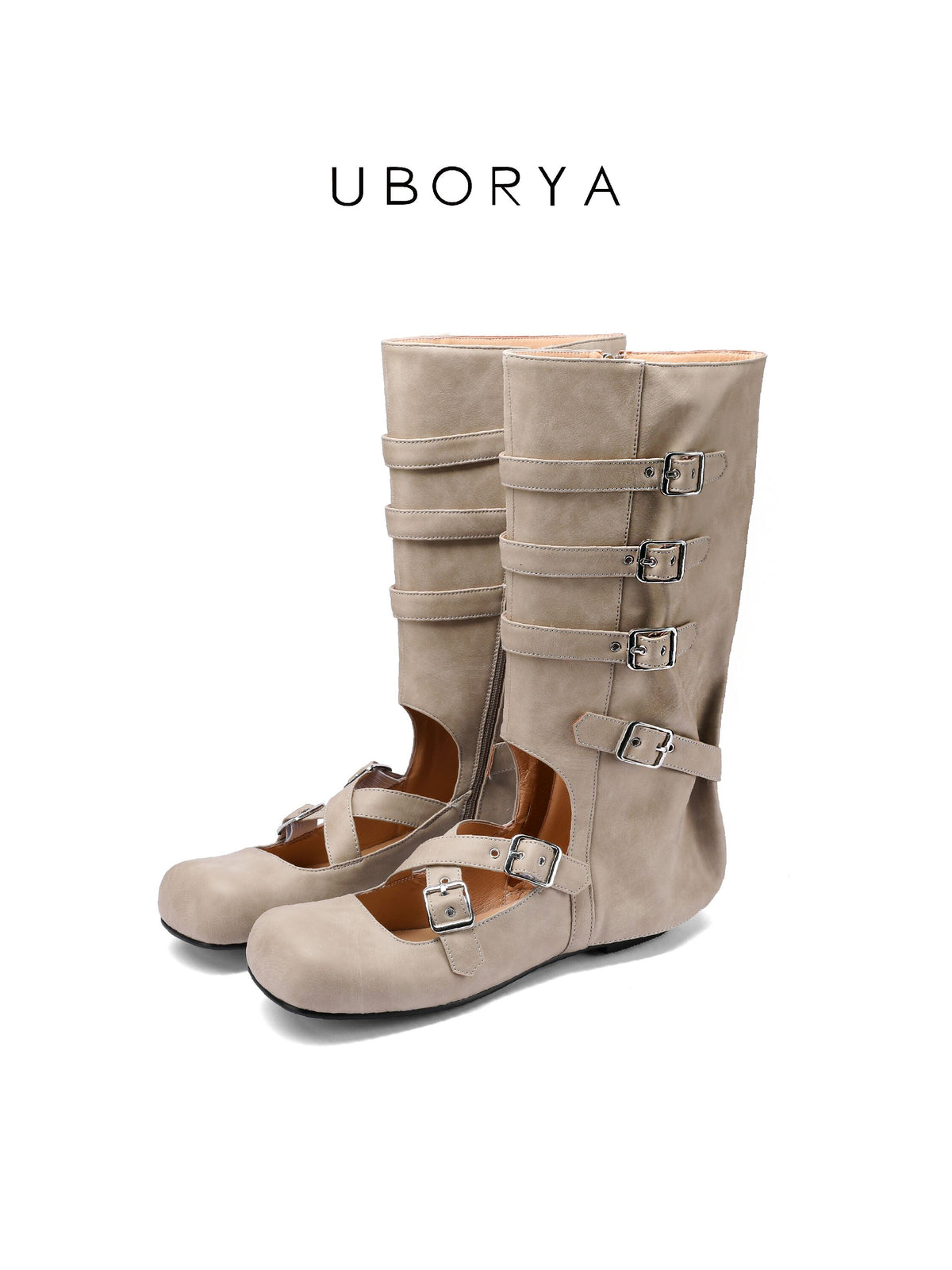 UBORYA Taupe Suede Minimalist Mary Jane Mid‑Calf Boots 5‑Buckle Harness