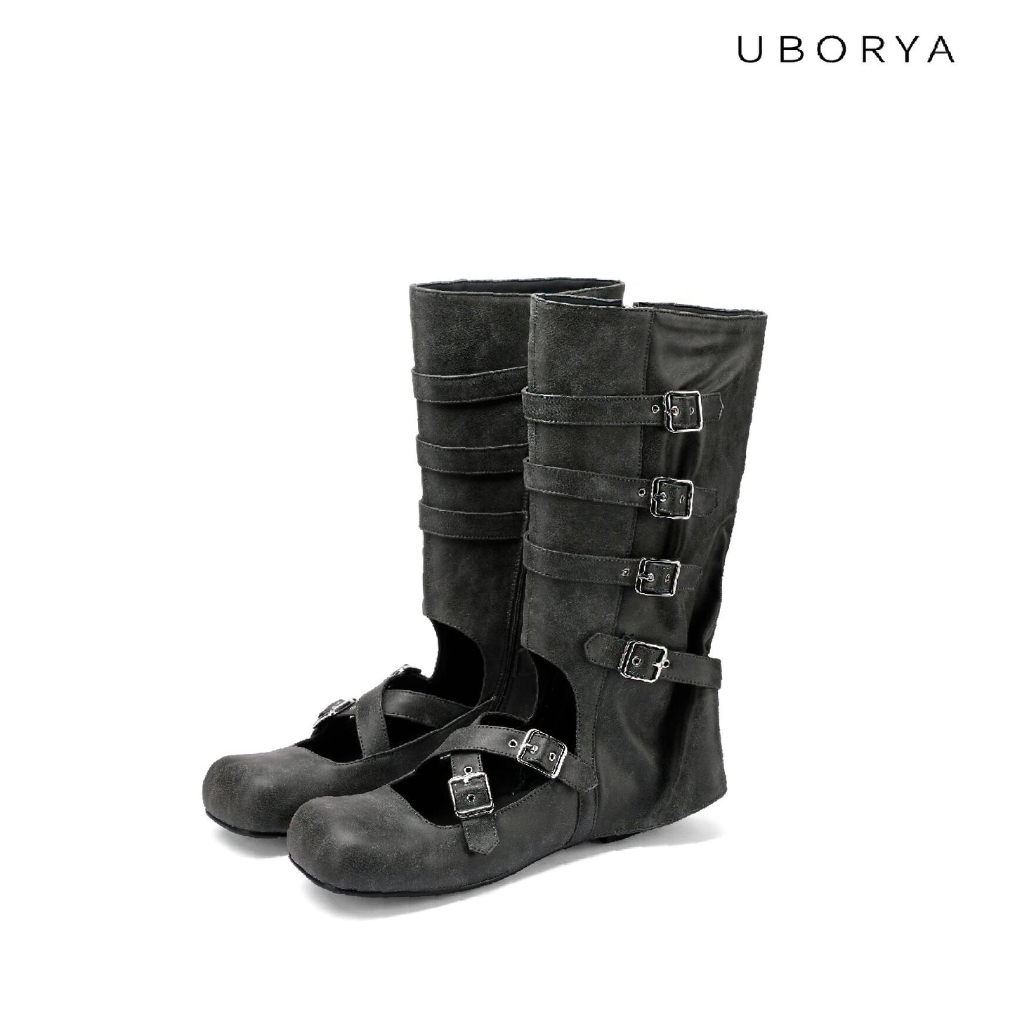 UBORYA Black Suede Mid-Calf Boots – Gothic Mary Jane Ballet Flats for Women | 2cm / 0.8in Flat Sole | 5-Buckle Harness Design | Soft Suede & Silver Hardware
