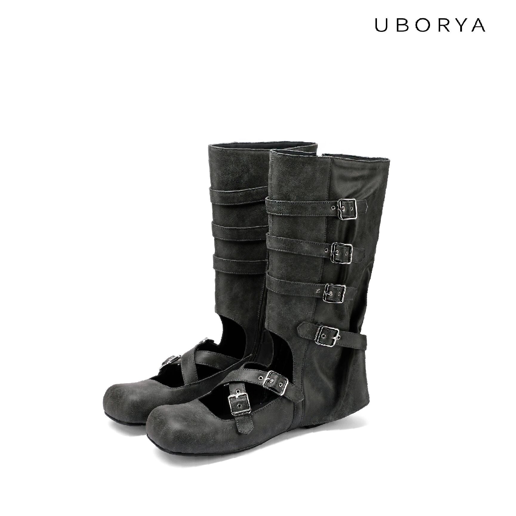 UBORYA Black Suede Gothic Mary Jane Mid‑Calf Boots 5‑Buckle Harness
