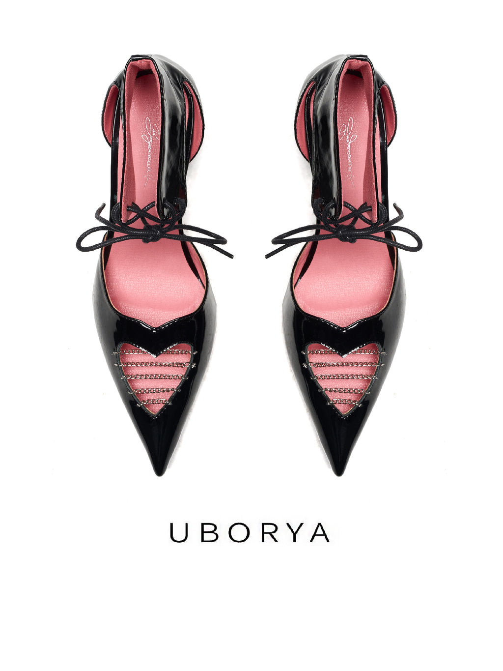UBORYA Black Patent Leather Heart Cut Out Kitten Heels Pointed Toe Pumps