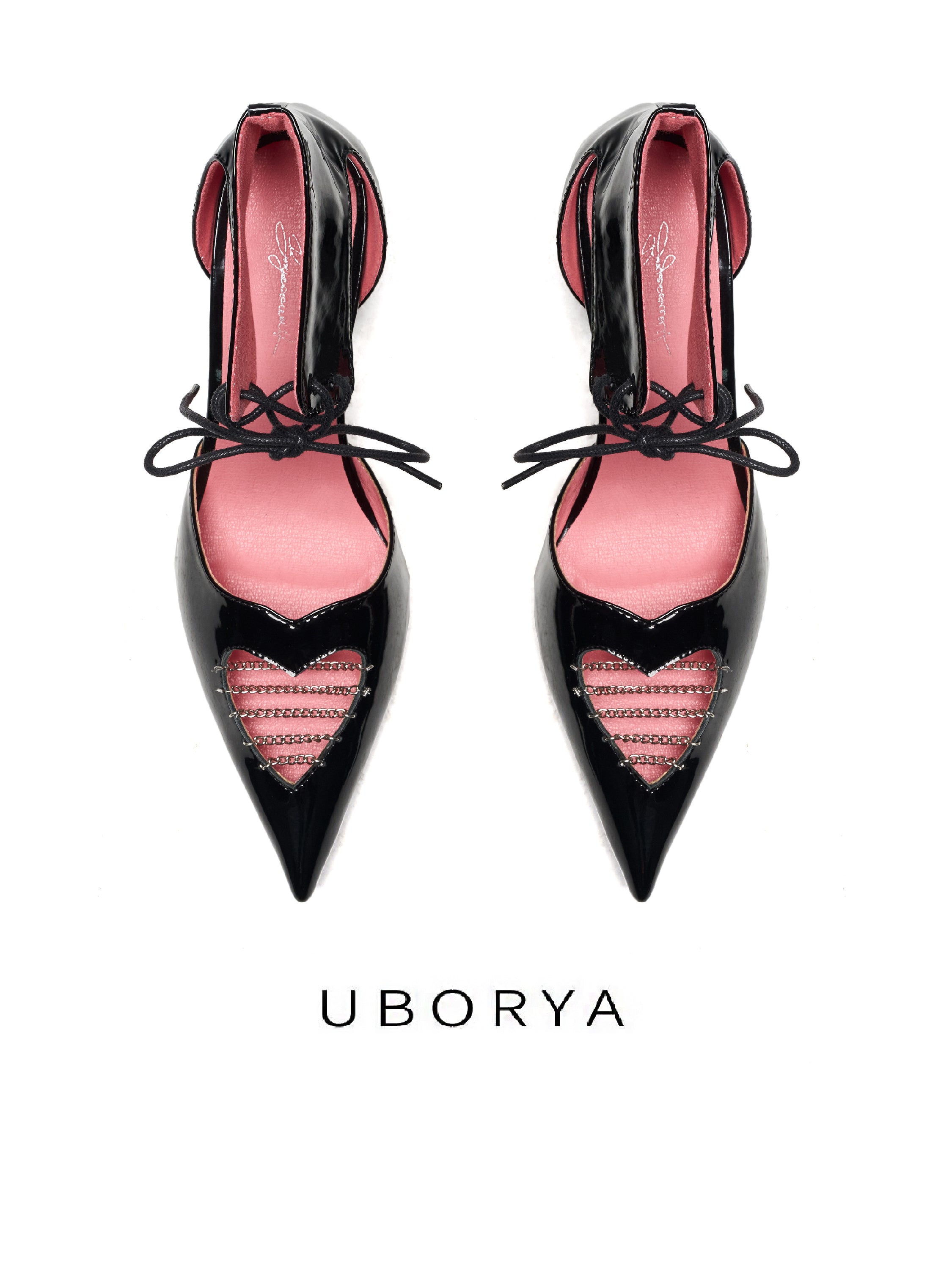 UBORYA Black Patent Leather Heart Cut Out Kitten Heels Pointed Toe Pumps