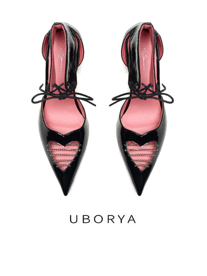 UBORYA Black Patent Leather Heart Cut-Out Kitten Heels - Ankle Tie d'Orsay Pointed Toe Pumps