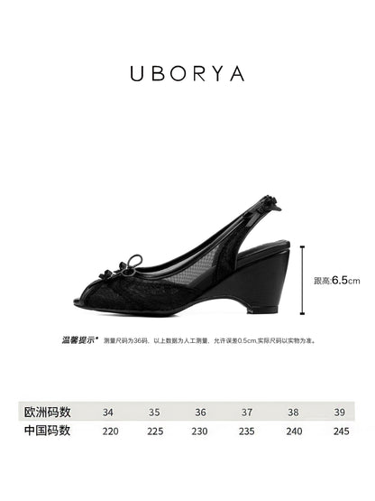 UBORYA Black Lace Slingback Peep-Toe Shoes with Bow Details – Low Wedge Heel Pumps for Women | Gothic Coquette Heels | Elegant Mesh Open-Toe Sandals