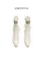 UBORYA Off White Lace Up Ankle Boots Square Toe Block Heel Retro Buckle Detail
