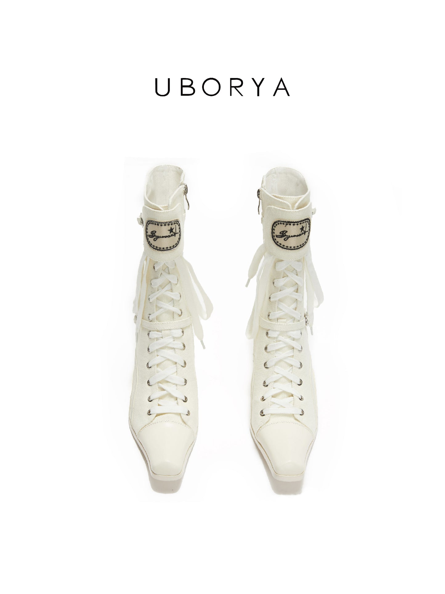 UBORYA Off-White Lace-Up Ankle Boots - Square Toe Block Heel Retro Buckle Detail Booties