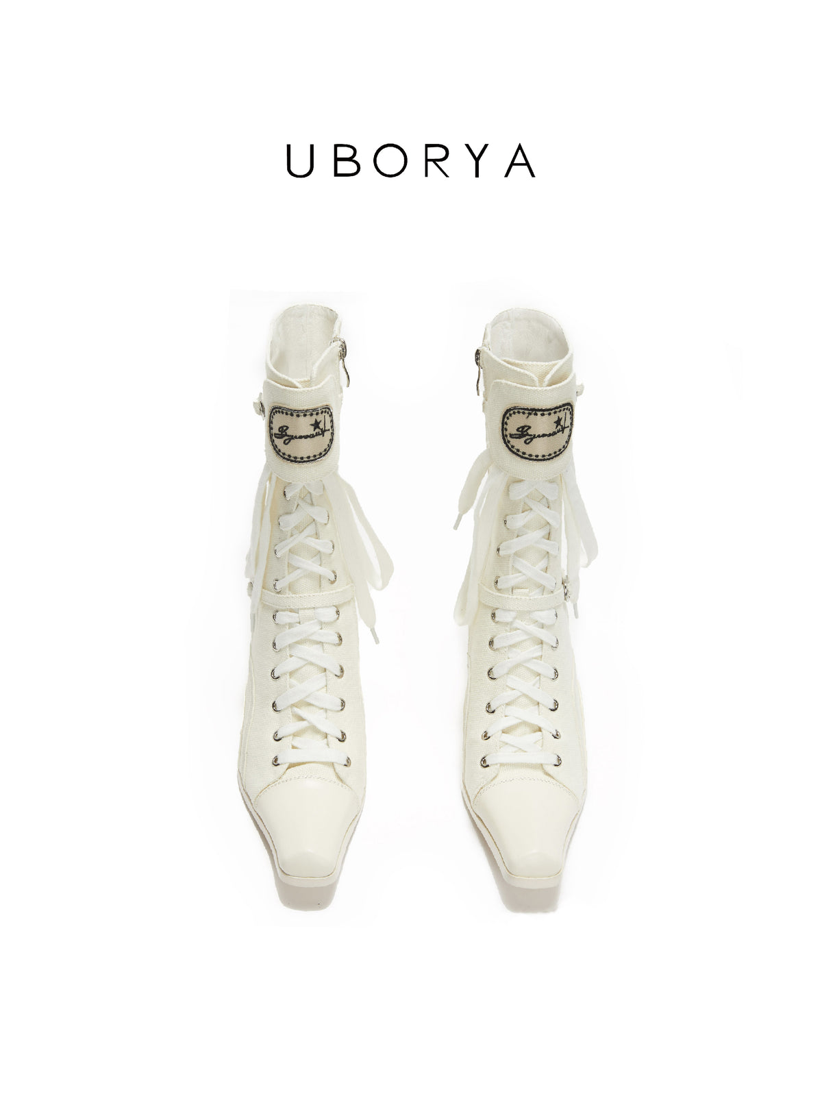 UBORYA Off White Lace Up Ankle Boots Square Toe Block Heel Retro Buckle Detail