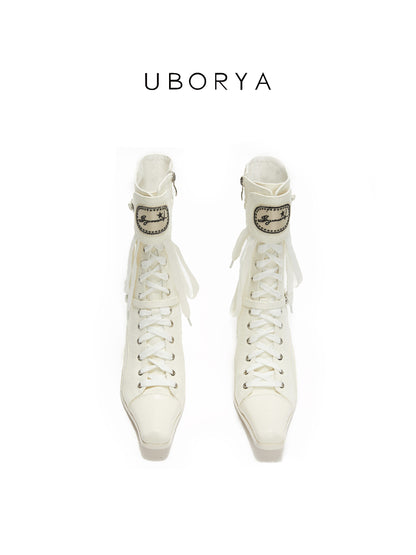 UBORYA Off-White Lace-Up Ankle Boots - Square Toe Block Heel Retro Buckle Detail Booties
