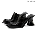 UBORYA Black Sculptural Avant‑Garde Mules 8cm Geometric Block Heel