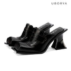 UBORYA Black Sculptural Avant‑Garde Mules 8cm Geometric Block Heel