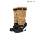 UBORYA Tan Suede Slouchy Knee-High Boots with Black Buckle Straps