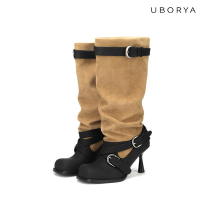 UBORYA Tan Suede Slouchy Knee-High Boots with Black Buckle Straps – Sculptural Kitten Heel Boots for Women | Two-Tone Western Punk Booties