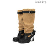 UBORYA Tan Suede Slouchy Knee-High Boots with Black Buckle Straps