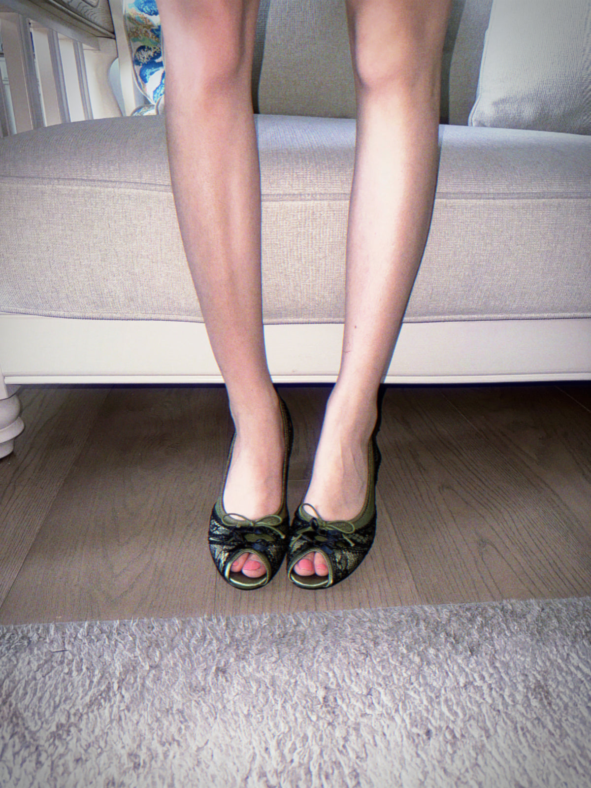 UBORYA Olive Green Lace Slingback Wedge Sandals with Bow Details