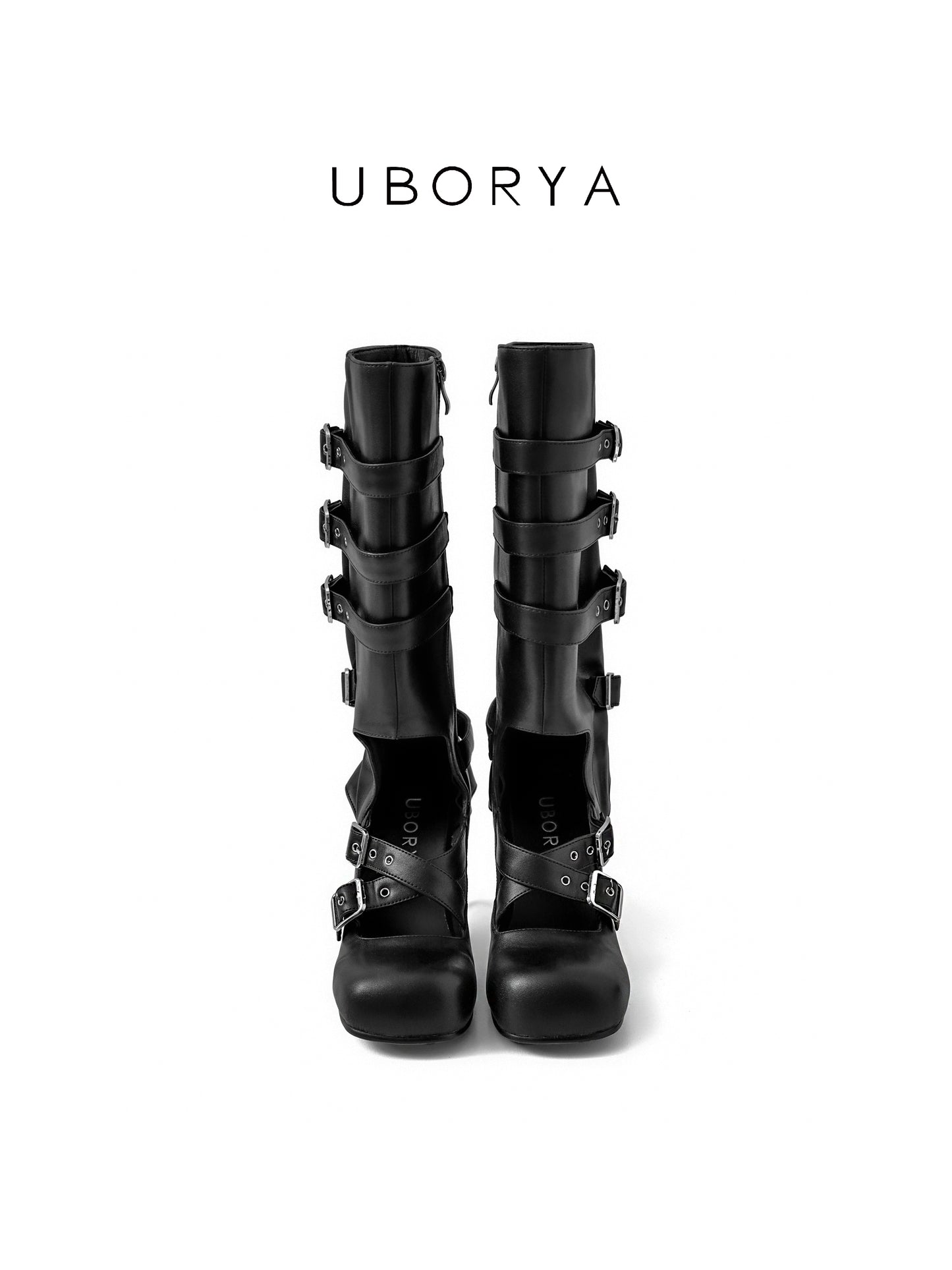 UBORYA Black Knee-High Buckle Boots with Sculpted Stiletto Heel – Multi-Strap Round Toe Boots for Women | Gothic Glam Punk Luxury Footwear | Avant-Garde Heeled Boots