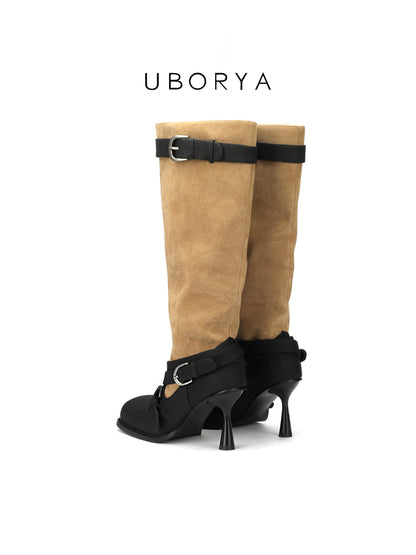 UBORYA Tan Suede Slouchy Knee-High Boots with Black Buckle Straps – Sculptural Kitten Heel Boots for Women | Two-Tone Western Punk Booties
