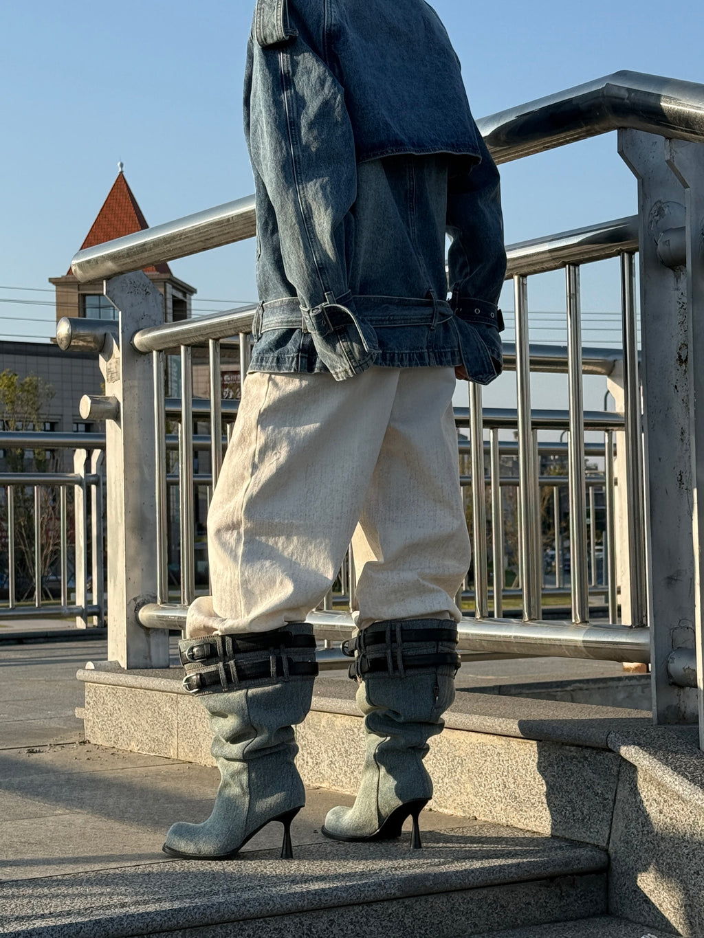 UBORYA Denim Slouchy Knee-High Boots with Black Buckle Straps