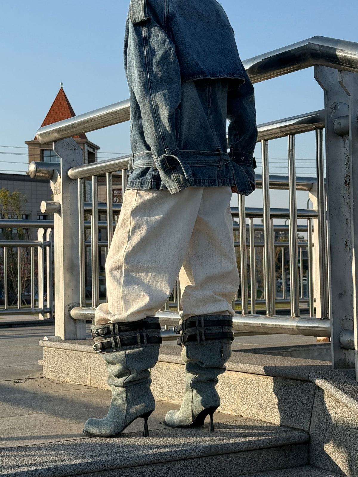 UBORYA Denim Slouchy Knee-High Boots with Black Buckle Straps