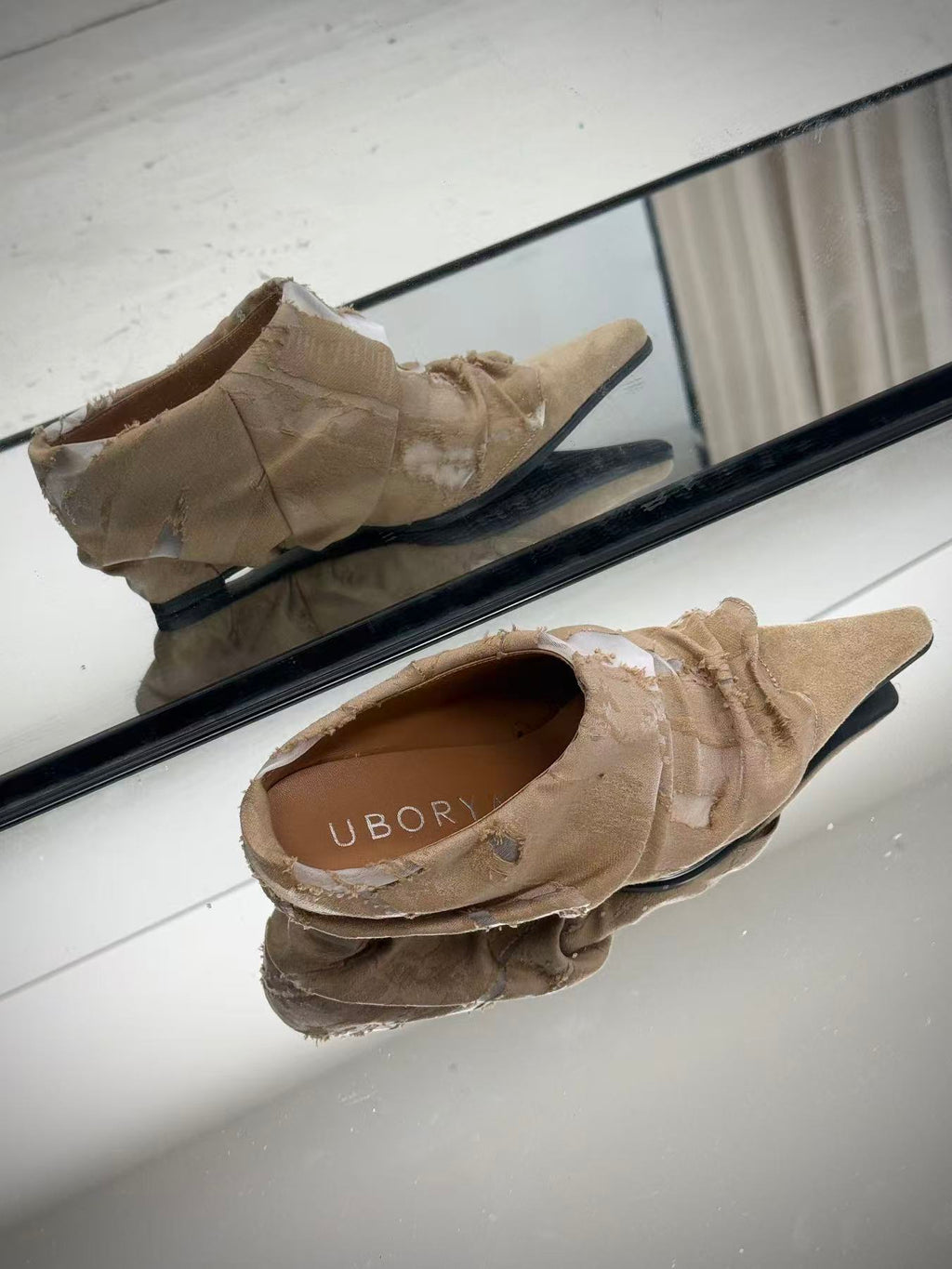 UBORYA Beige Pointed Toe Ankle Boots Ruched Texture Low Block Heel