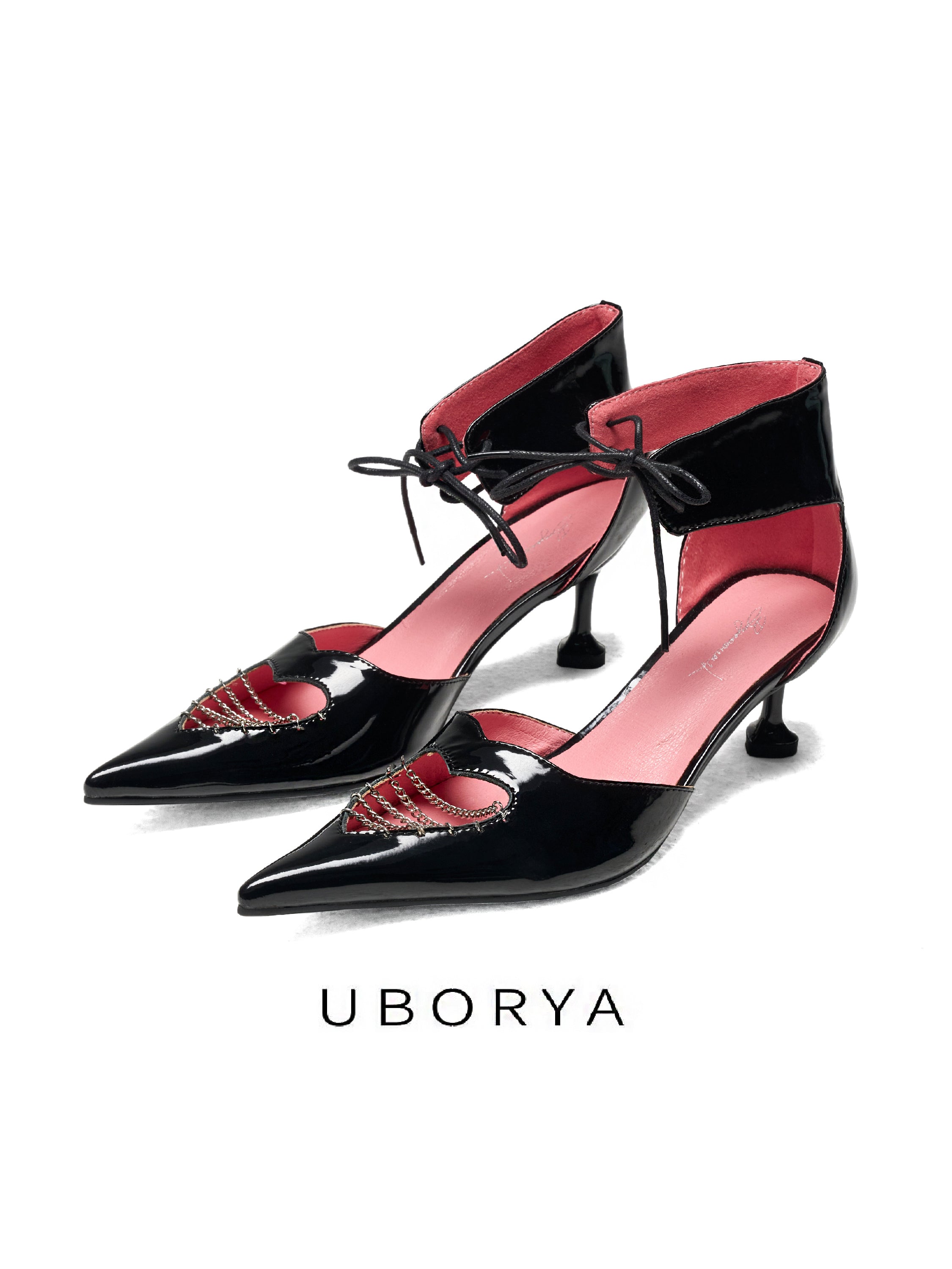 UBORYA Black Patent Leather Heart Cut Out Kitten Heels Pointed Toe Pumps