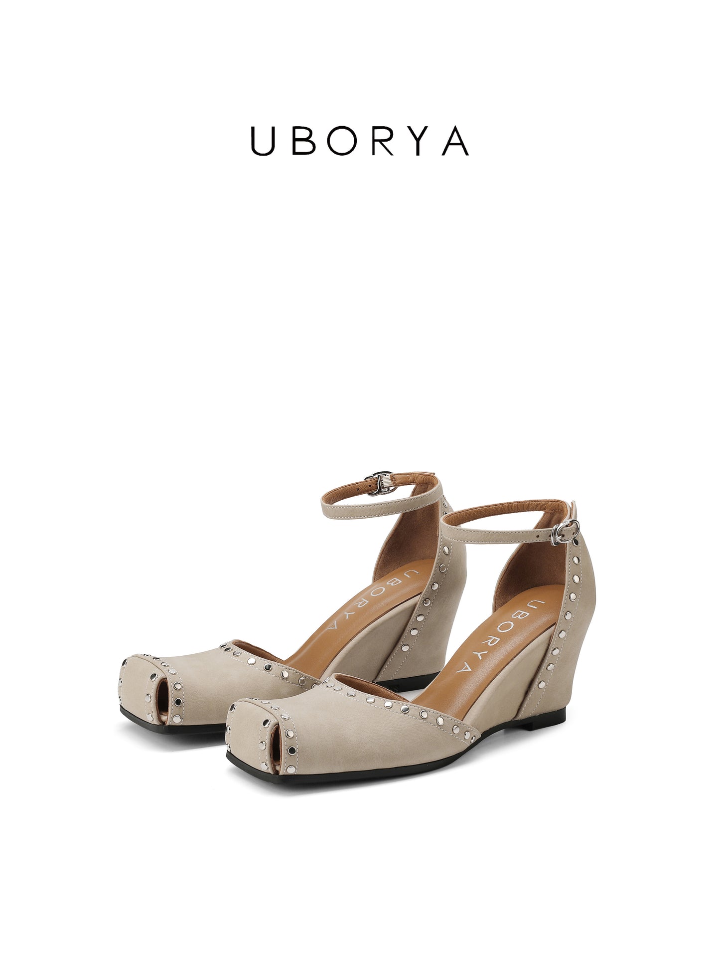 UBORYA Beige Studded Peep-Toe Wedge Sandals with Ankle Strap – Square Toe Heels for Women | Modern Edge Footwear | Cream Utility Chic Wedges