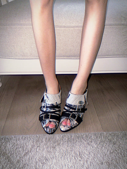 UBORYA Abstract Print Slingback Peep-Toe Shoes with Braided Straps & Silver Buckles – Low Wedge Heel Pumps for Women | Avant-Garde Cuff Sandals | Artistic Utility Footwear