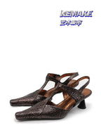 UBORYA Rose Embossed Leather T-Strap Kitten Heel Slingbacks