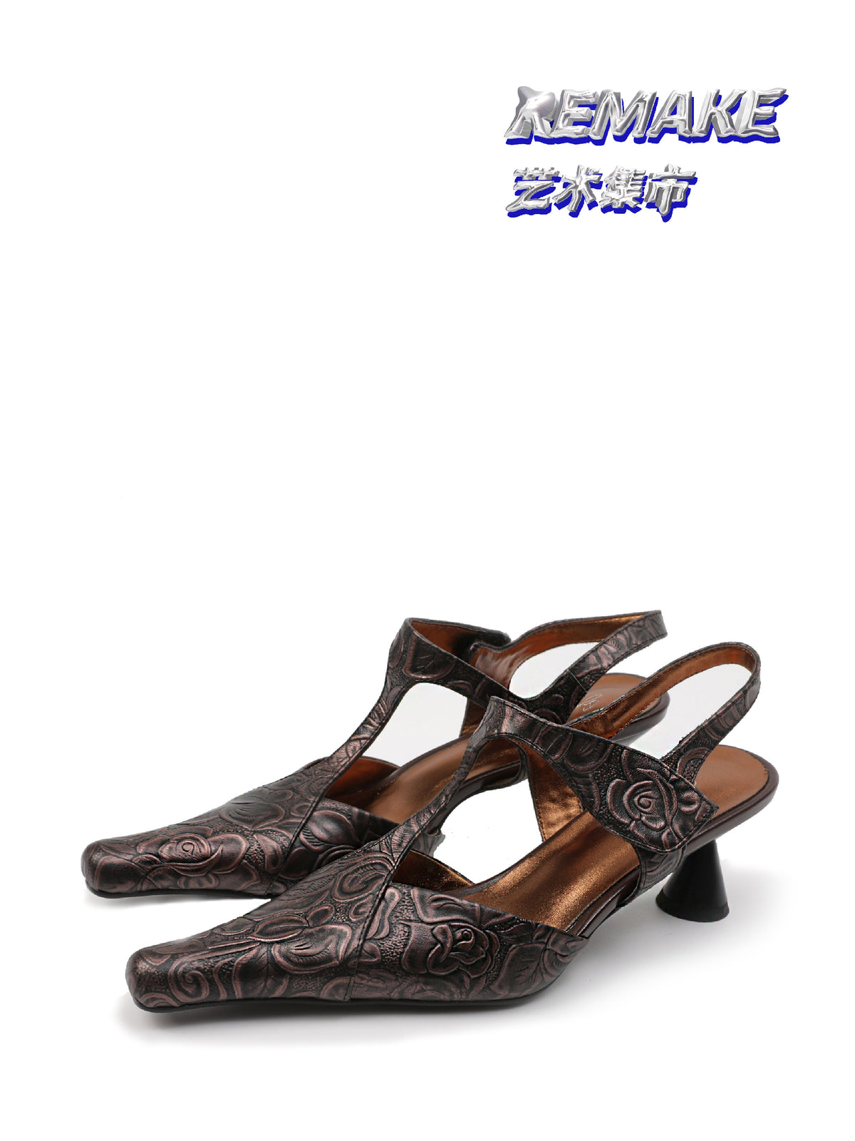 UBORYA Rose Embossed Leather T-Strap Kitten Heel Slingbacks