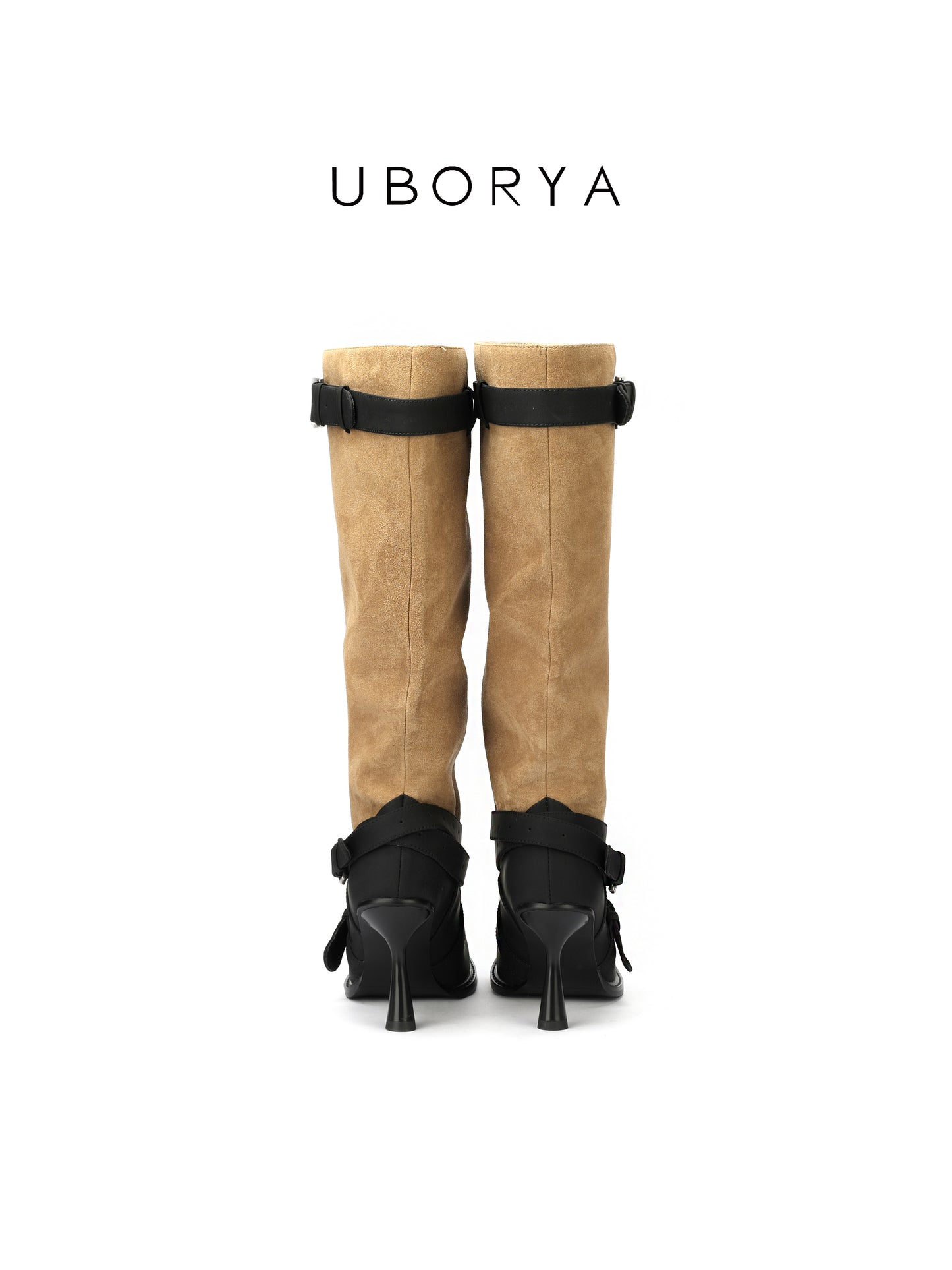 UBORYA Tan Suede Slouchy Knee-High Boots with Black Buckle Straps – Sculptural Kitten Heel Boots for Women | Two-Tone Western Punk Booties