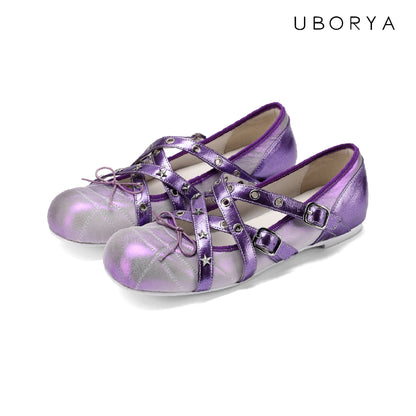 UBORYA Metallic Purple Gradient Crisscross Ballet Flats - Star Stud Detail Round Toe Flat Shoes