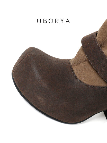 UBORYA Brown Suede Slouchy Ankle Boots with Buckle Straps – Sculptural Chunky Heel Boots for Women | Ruched Shaft | Square Toe | Western Punk Booties