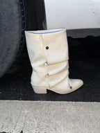 UBORYA Off White Sculptural Slouch Boots 6cm Block Heel Metal Eyelets Faux Leather