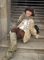 UBORYA Khaki Suede Slouchy Knee-High Boots with Bow Details