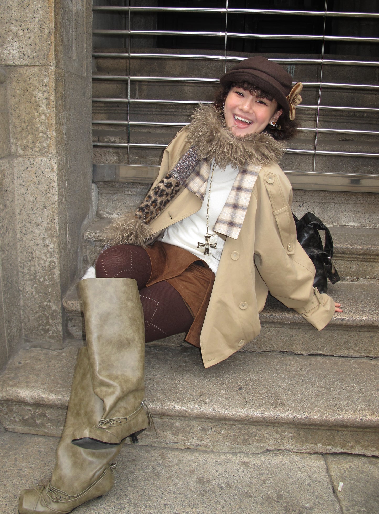 UBORYA Khaki Suede Slouchy Knee-High Boots with Bows – Square Toe Kitten Heel Boots for Women | Ruched Shaft | Side Zipper | Earthy Avant-Garde Booties