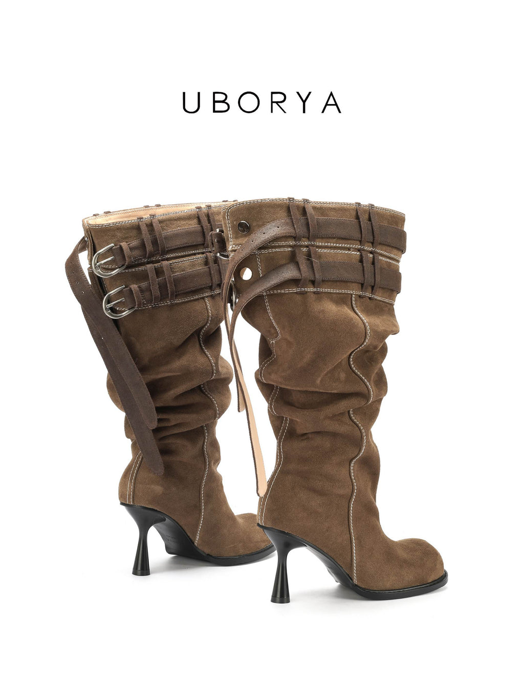 UBORYA Brown Suede Slouchy Knee-High Boots with Buckle Cuff