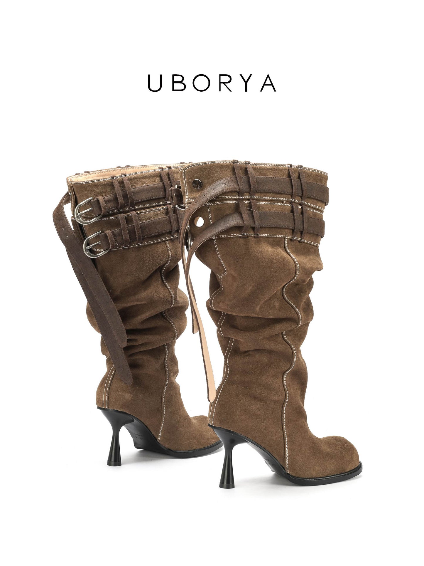 UBORYA Brown Suede Slouchy Knee-High Boots with Folded Buckle Cuff – Sculptural Kitten Heel Boots for Women | Contrast Stitch | Western Utility Harness Booties