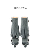 UBORYA Grey Blue Suede Fringe Mid-Calf Boots with Buckle Straps