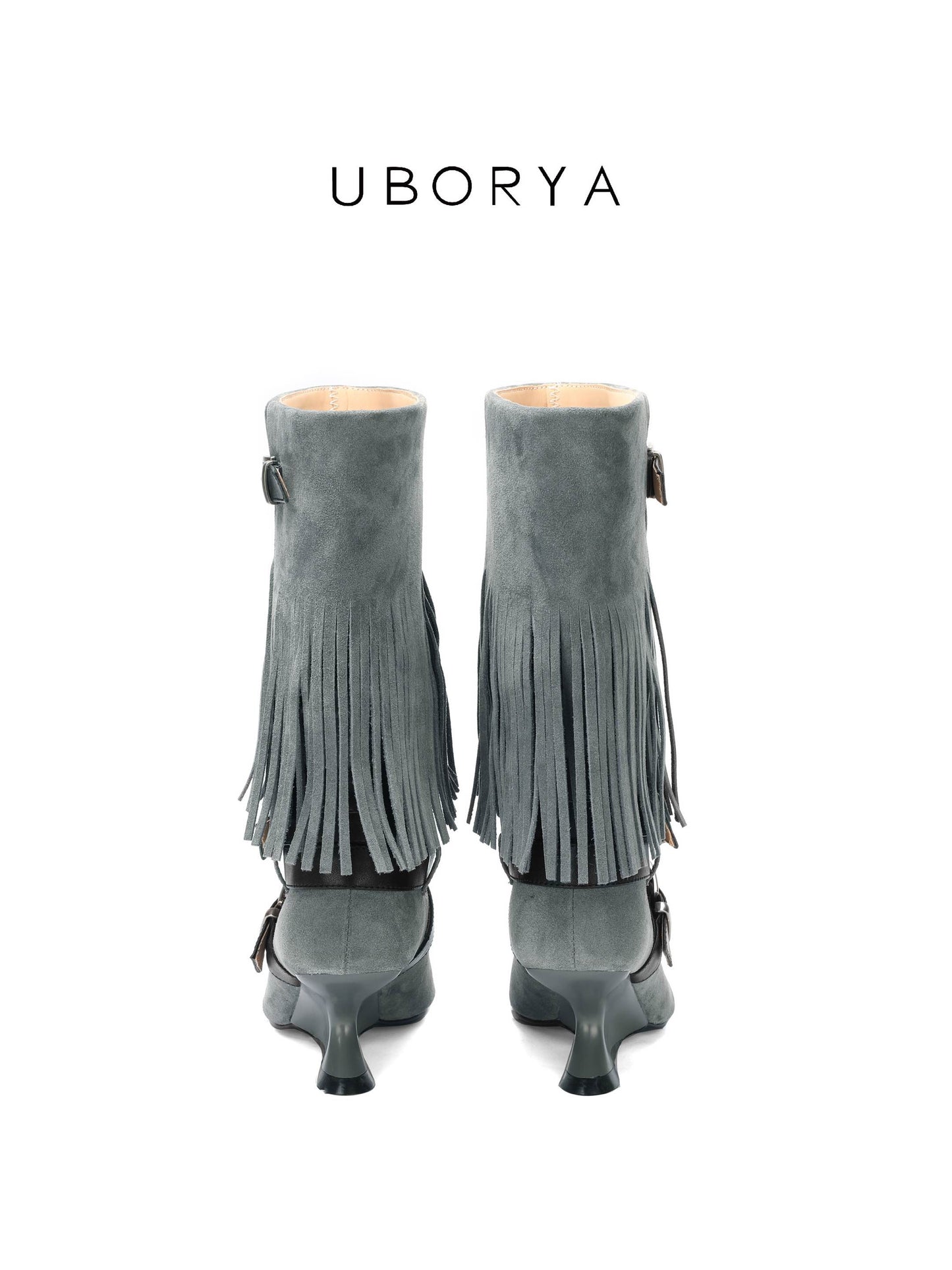 UBORYA Grey Blue Suede Fringe Mid-Calf Boots with Buckle Straps – Sculptural Wedge Heel Boots for Women | Pointed Toe | Western Avant-Garde Booties
